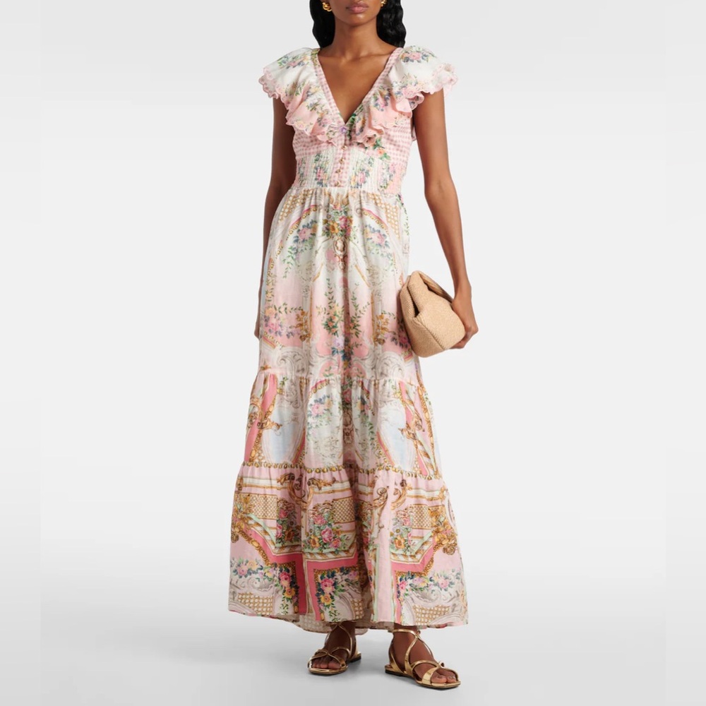 NEW Camilla Lisbon Lullaby Tiered Linen Maxi Dress Neck Frill Pink Large $995
